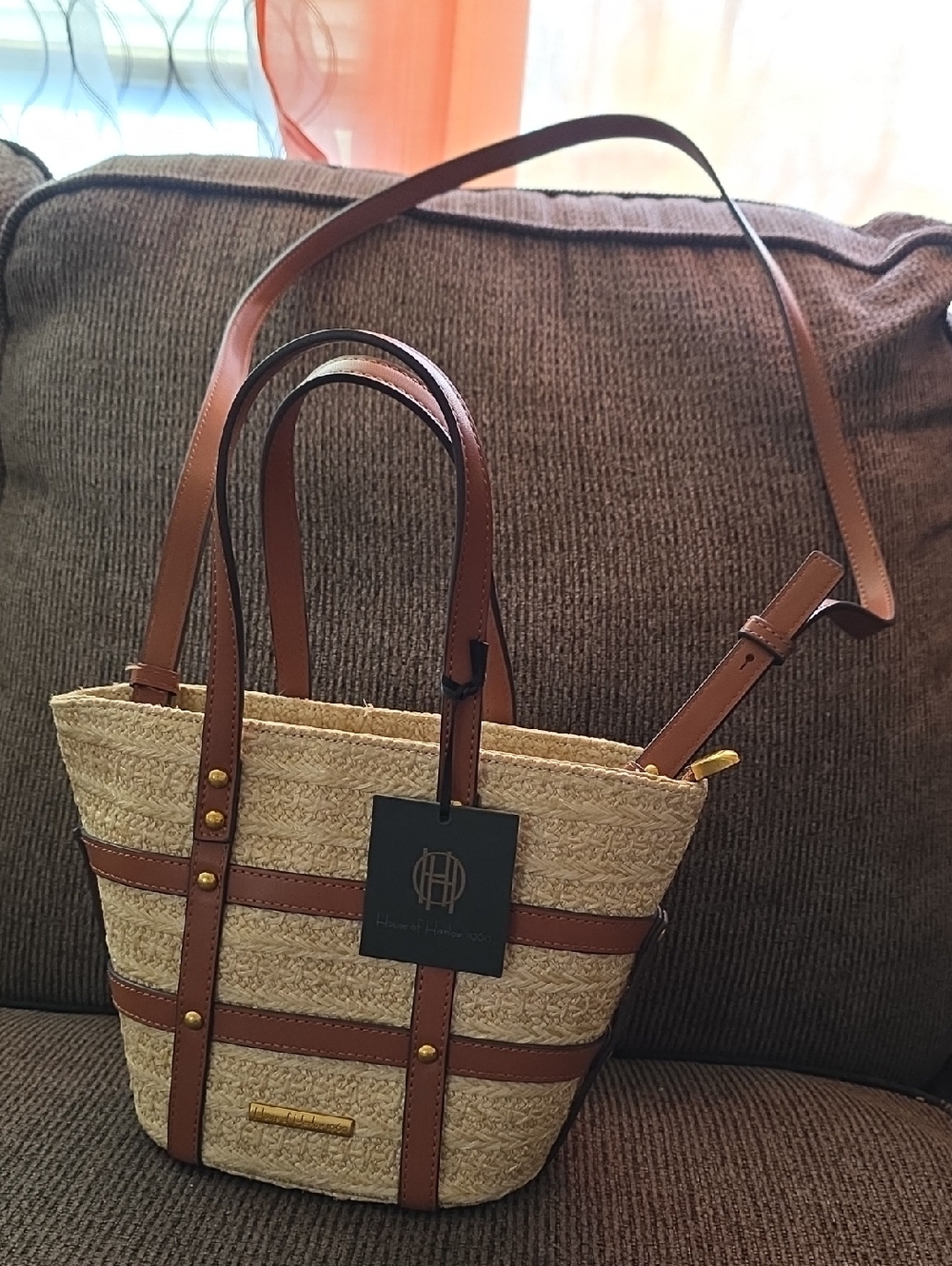 House of Harlow 1960 Beige Straw Tote with Brown Leather Trim